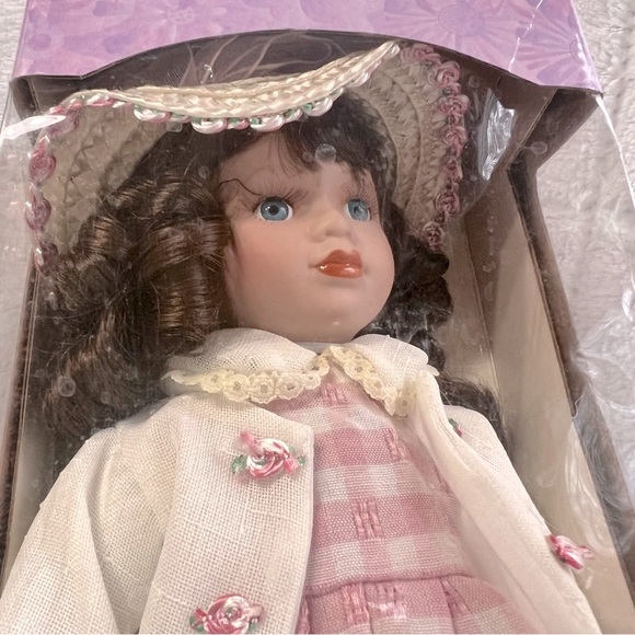 Collectible Porcelain Doll with Brown Curl Hair Pink Dress Straw Hat with Stand - Picture 7 of 13
